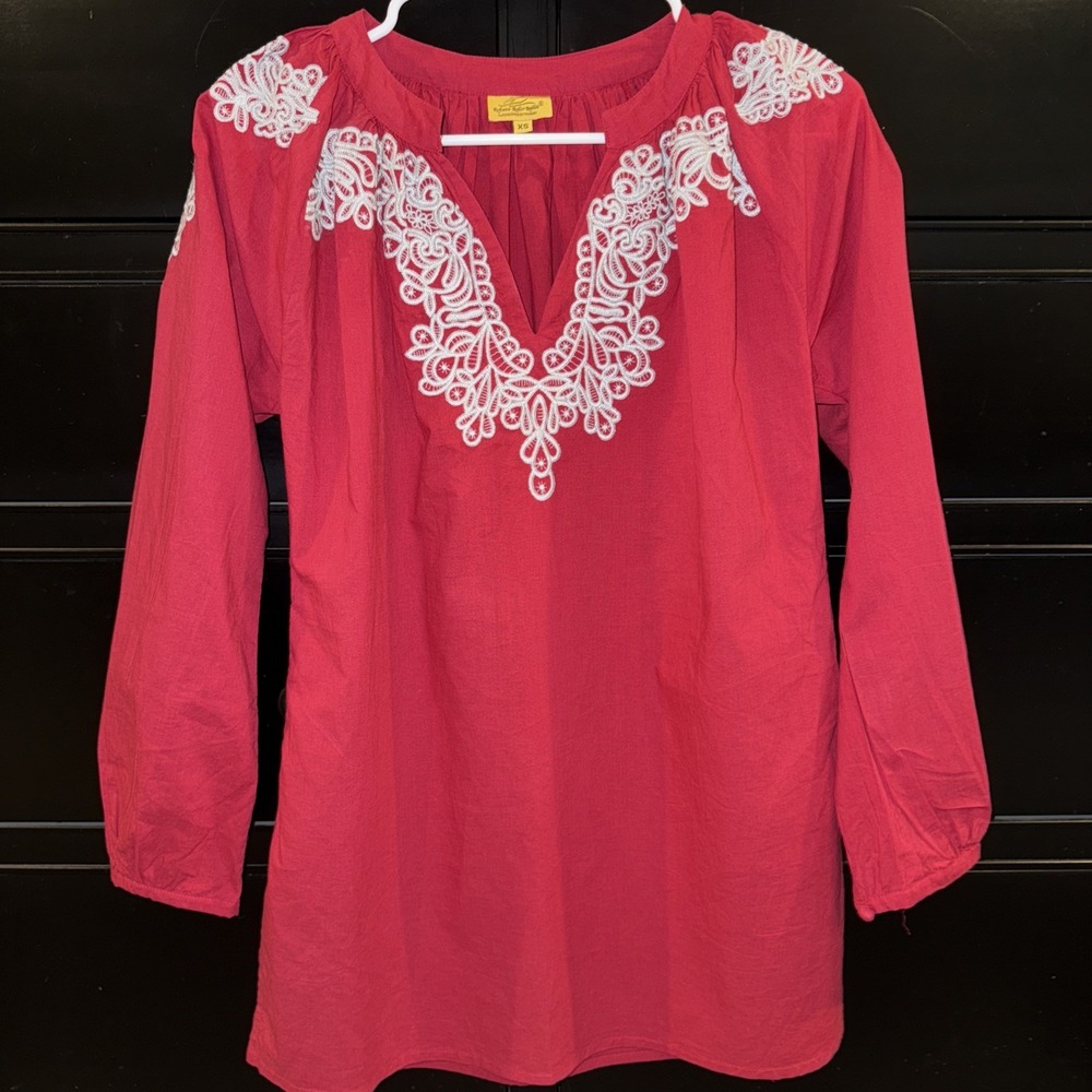Roberta Roller Rabbit Embroidered Red Long Sleeved Top XS Boho Peasant
